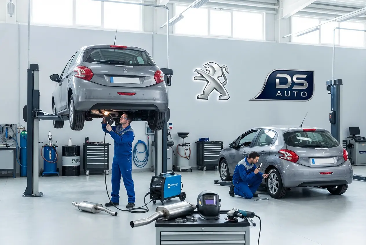 Ремонт глушителя с помощью сварки в автосервисе DS Auto Жуковский – качественное восстановление выхлопной системы Peugeot
