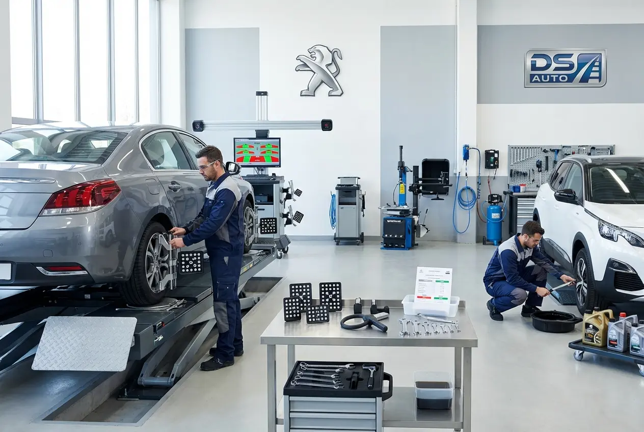 Процесс регулировки развал-схождения колес автомобиля Peugeot в автосервисе DS Auto в Жуковском
